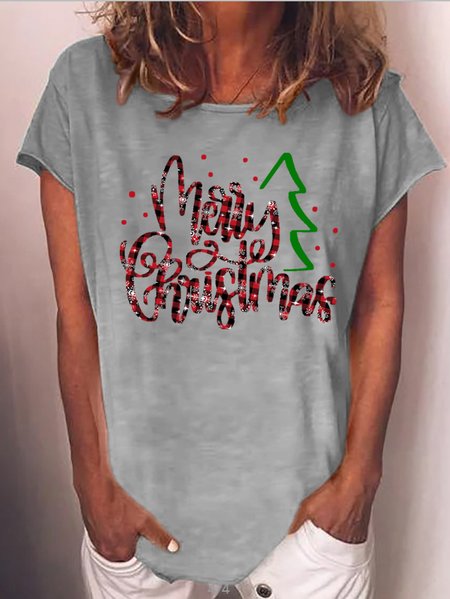 

Christmas print round neck short sleeve T-shirt, Gray, T-shirts