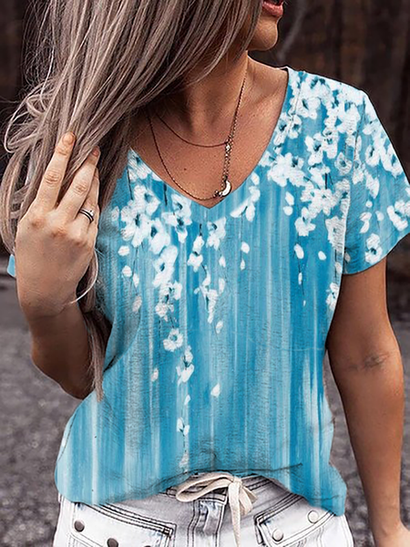 

Plus size Casual Floral Printed Shirts & Tops, Blue, T-Shirts