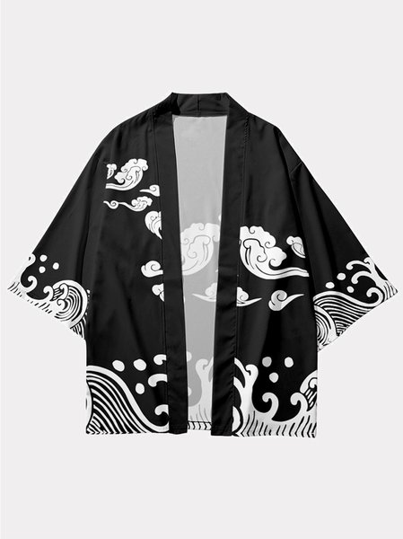 

Mens Ethnic Clouds Print Open Front Loose Casual 3/4 Sleeve Kimono, Black, Men's Floral shirt