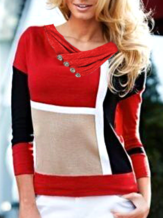 

Casual Cowl Neck Loosen Shirts & Tops Red black and white contrast geometric pile collar top, Long sleeve tops