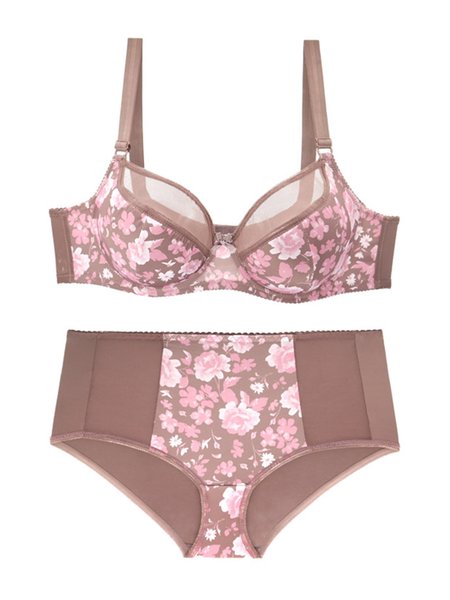 

D Cup Print Gather Sexy Plus Size Bra Set, Gray purple, Bra&Bra Sets