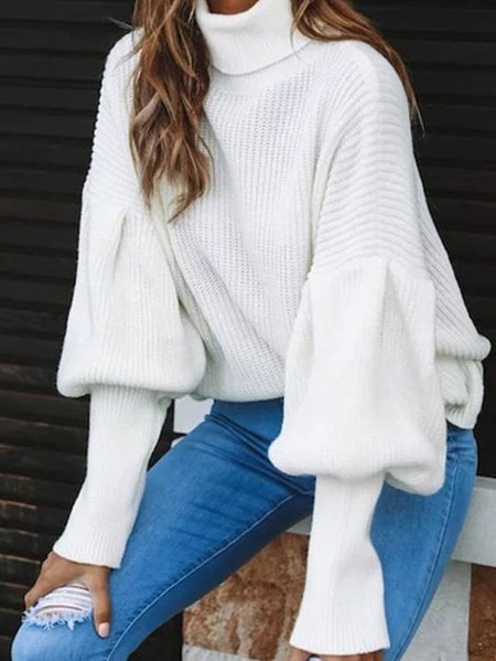 

Vintage Bishop Sleeve High Neck Loosen Sweater, White, Sweaters