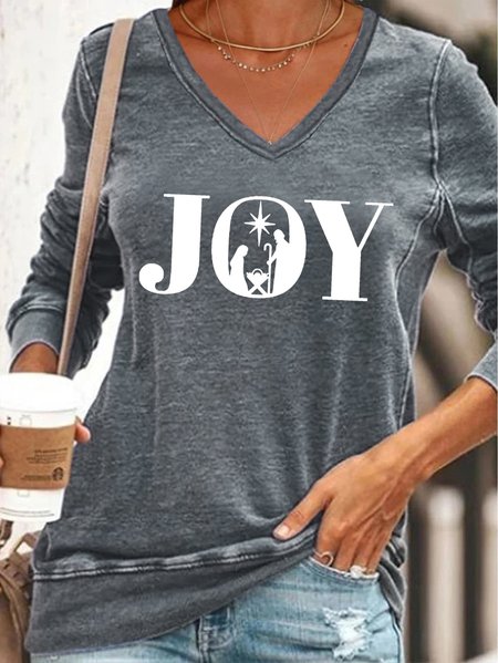 

Joy Printed V-neck Long Sleeve Sweatshirt, Gray, Hoodies&Sweatshirts