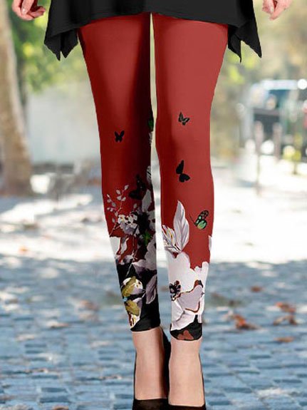 

Butterfly Floral Printed Elastic waist Skinny Pants, Red, Leggings