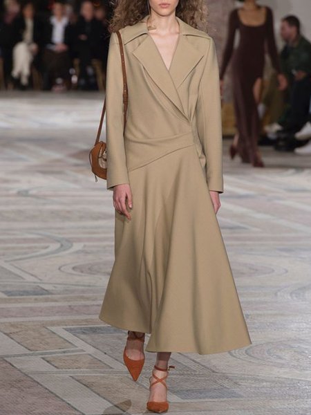 

Elegant Long Sleeve Solid Formal Dress, Khaki, Midi Dresses