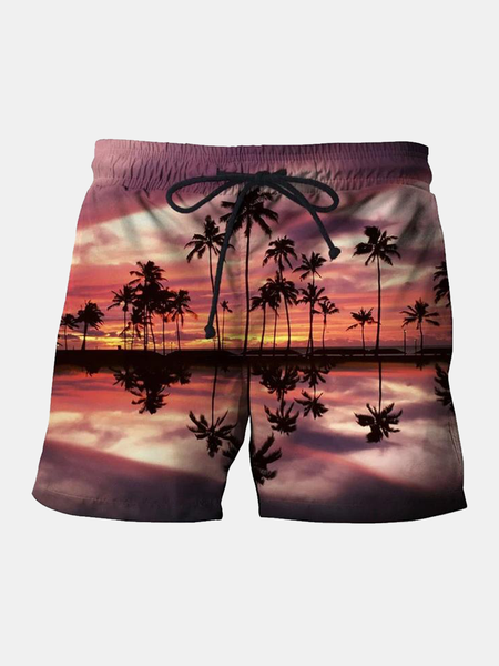 

Hawaiian coconut tree print beach pants, As picture, Men's shorts