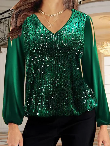 

Long sleeve crew neck plain patterned beaded fabric Pullover Top Plus Size, Green, Blouses & Shirts
