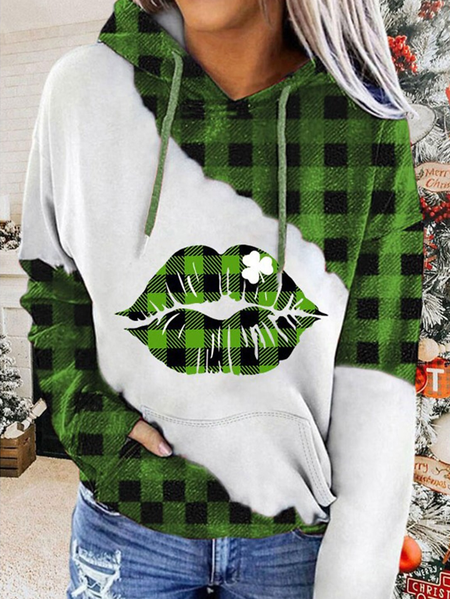 

Plaid Mouth Print Hooded Sweatshirt, Green, Sweatshirts & Hoodies