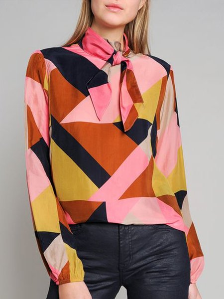 

Work Date Daily Geometric Tie Neck Top, As picture, Blouses and Shirts