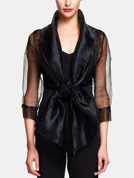 

Tie Neck Elegant Solid Outerwear, Black, Blouses and Shirts
