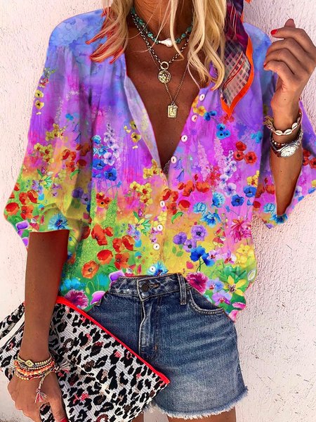 

Boho Loosen Floral 3/4 Sleeve Blouses, As picture, Blouses & Shirts