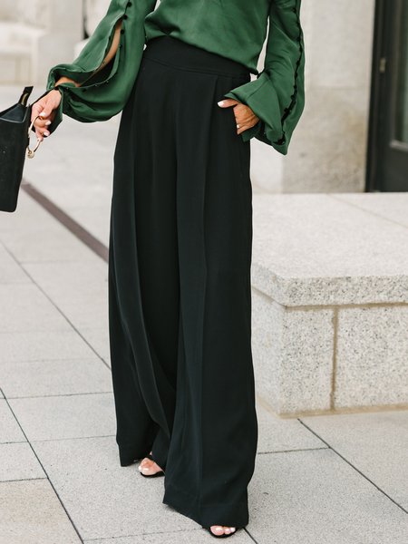 

Solid Elegant Regular fit Pants, Black, Wide Leg Pants