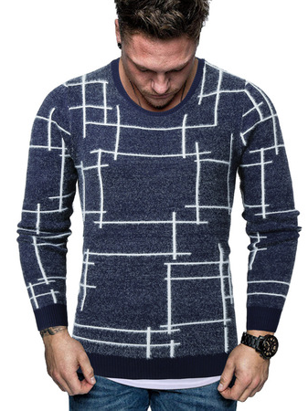 

Men's Irregular Line Graphic Round Neck Long Sleeve Sweater, Navy blue, Sweater
