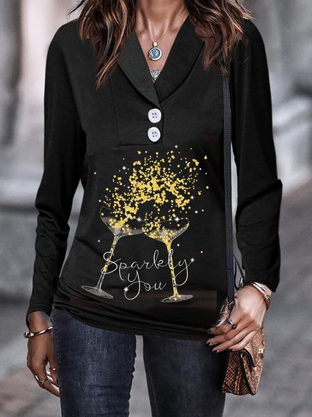 

Wineglass Print Casual Long Sleeve V-neck T-shirt Tops, Black, Tees & T-shirts