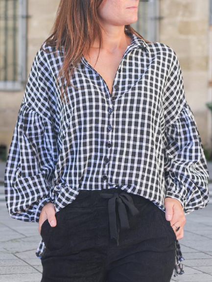 

Shirt Collar Casual Grid Shirts & Tops, Black-white, Shirts & Blouses