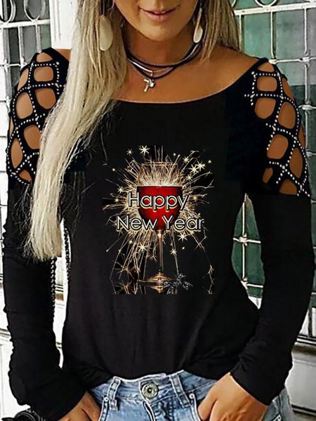 

Cotton Letter Crew Neck T-shirt, Black, Long sleeve tops