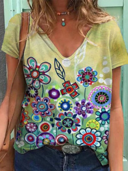 

Casual Short Sleeve V Neck Printed Top, Yellow, T-Shirts