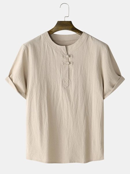 

American Casual Cotton And Linen Short Sleeve T-Shirt, Khaki, T-Shirts