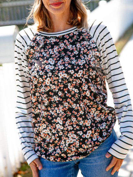 

Raglan Sleeve Striped Floral Crew Neck Long Sleeve T-shirt, Flower, T-Shirts