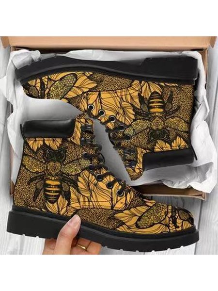 

Casual Bee Leaf Print Martin Combat Boots, As picture, Boots