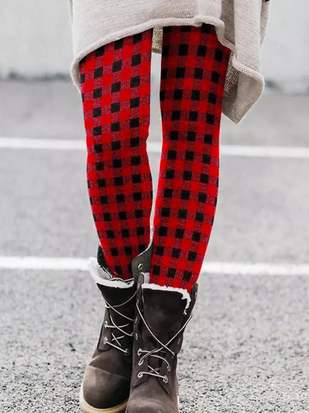 

Cotton Blends Plaid Color Block Casual Pants, Red, leggings