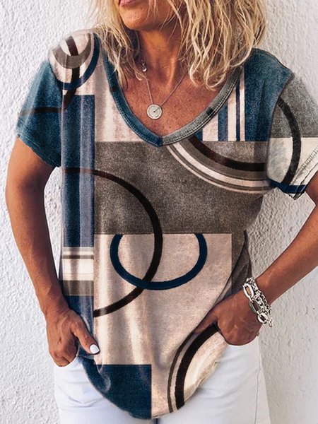 

Geometric Casual V Neck Short Sleeve Shirts & Tops, Multicolor, T-Shirts
