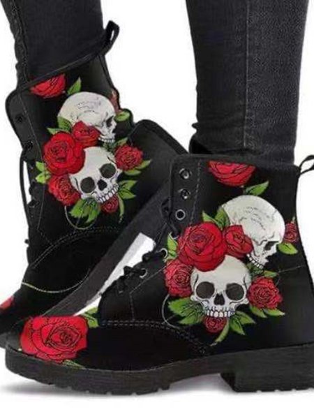 

Halloween Skull Rose Print Martin Boots, As picture, Boots