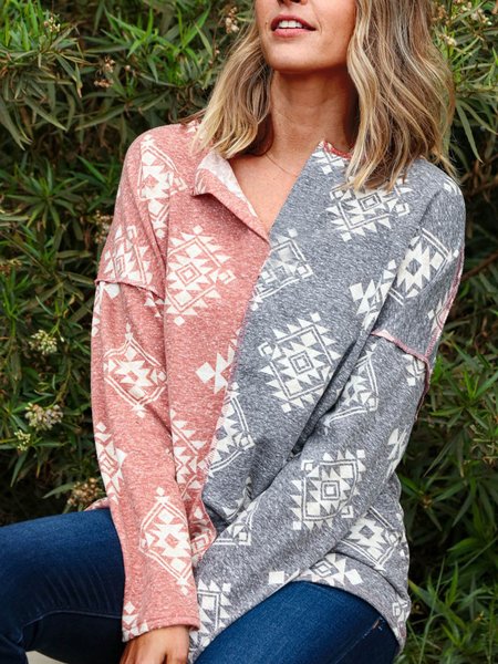 

Boho Patchwork Loosen V Neck Long Sleeve T-shirt, Flower, T-Shirts