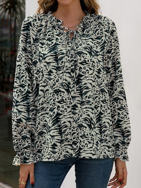

Ruffle Collar Frill Sleeve Leopard Loosen Shirts & Tops, Navy blue, Long sleeve tops