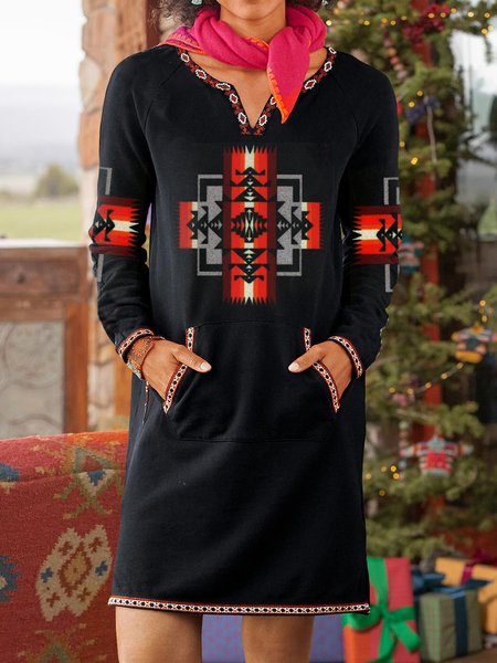 

Notched Geometric West Styles/Cows Dresses, Black, Midi Dresses