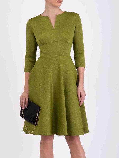 

Three Quarter Notched Solid Elegant Dress, Green, Midi Skirts