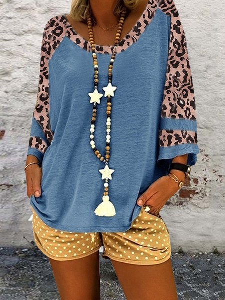 

Leopard Casual Crew Neck Shirts & Tops, Blue, Tops