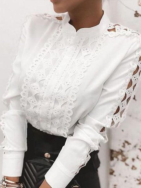 

Elegant Solid Stand Collar Lace Splicing Top, White, Blouses and Shirts
