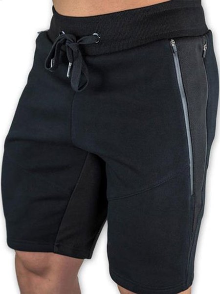 

Simple Plain Black Knit Shorts With Zipper Stitching, Men's shorts