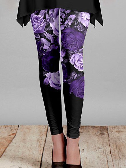 

Floral Printed Elastic waist Casual Skinny Pants, Purple, Leggings