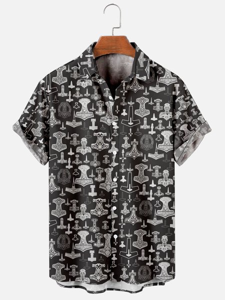 

Hawaiian Vintage Viking Men's Casual Short Sleeve Shirt, Black, Men's Floral shirt