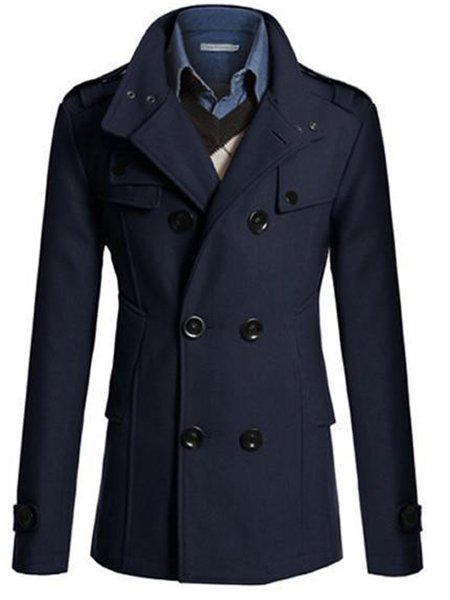 

Men's Double-breasted Mid-length Woolen Coat, Navyblue, Outerwear
