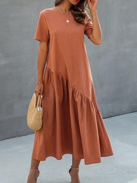 

Solid Boho Crew Neck Weaving Dress, Light brown, Midi Dresses