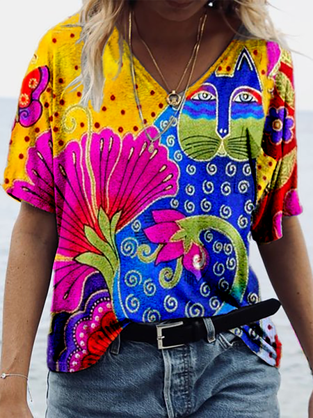 

Plus size Cat Printed Casual V Neck Shirts & Tops, Multicolor, T-Shirts