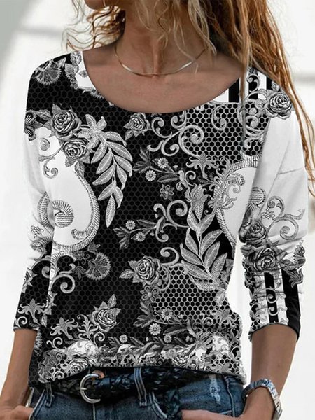 

Floral Cotton Blends Tops, Black-white, Long sleeve tops