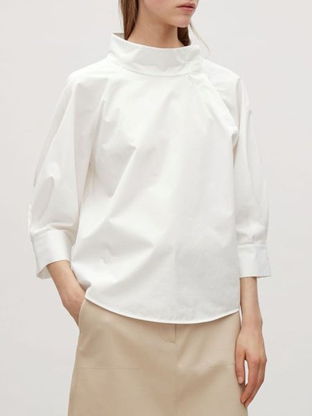 

High Neck Plain Simple Loosen Top, White, Tops