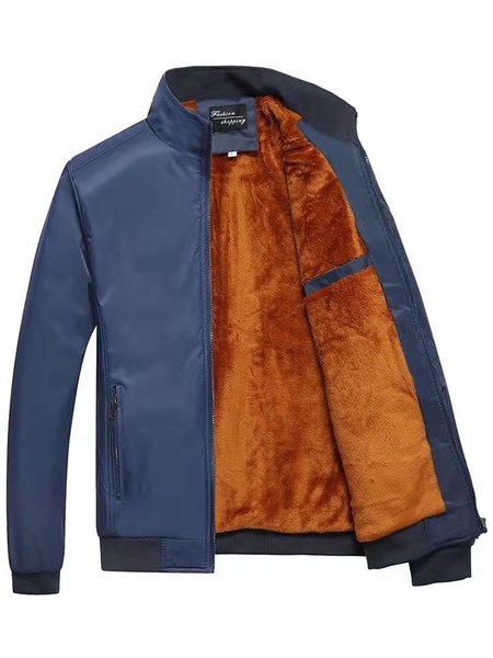 

Men's Casual Plus Fleece Stand Collar Jacket, Blue, Jacket