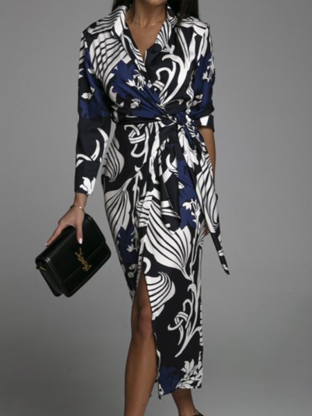 

Long sleeve Work Date Daily Regular Fit Dress, Blue, Midi Skirts