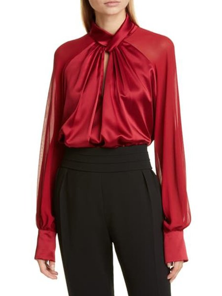 

Long Sleeve Elegant Solid Regular Fit Top, Red, Blouses and Shirts