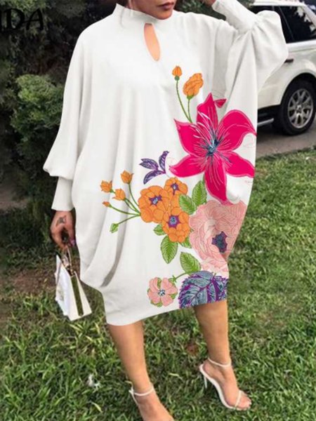 

Elegant Stand Collar Printed Dress, White, Midi Dresses