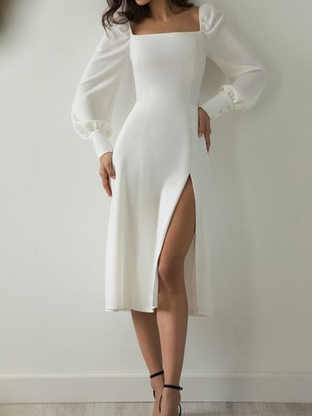 

Slit Square Neck Elegant Long sleeve Dress, White, Midi Dresses