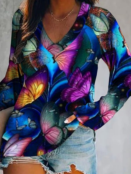 

Butterfly Long Sleeve V Neck Plus Size Printed Tops T-shirts, Multicolor, T-Shirts