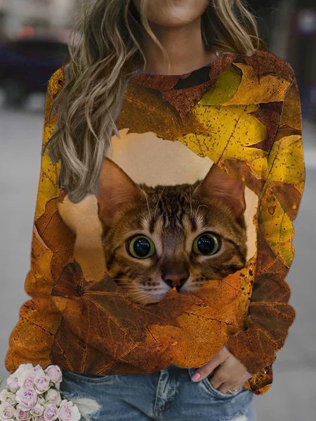 

Casual Cat Printed Crew Neck Sweatshirts, As picture, Hoodies&Sweatshirts