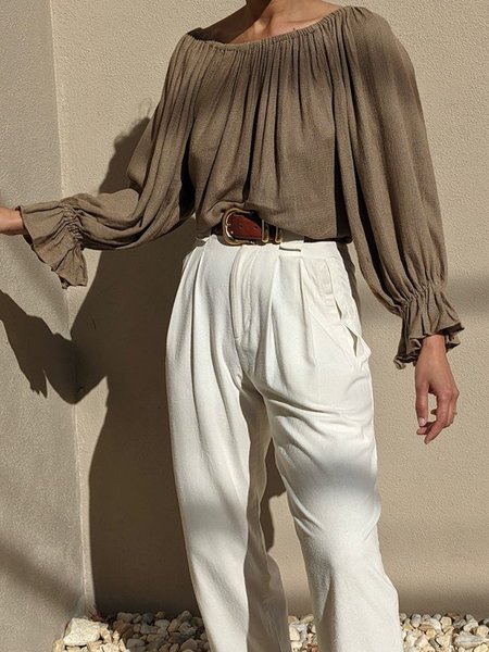 

Crew Neck Casual Loosen Plain Top, Brown, Blouses and Shirts