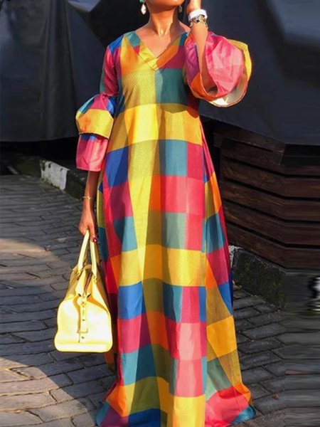

Holiday Geometric Color Block V Neck Dress, As picture, Midi Dresses